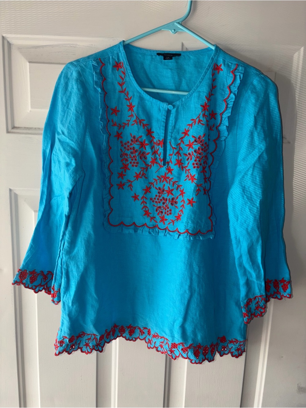 J. Crew Turquoise Tunic with Red Floral Embroidery 100 line